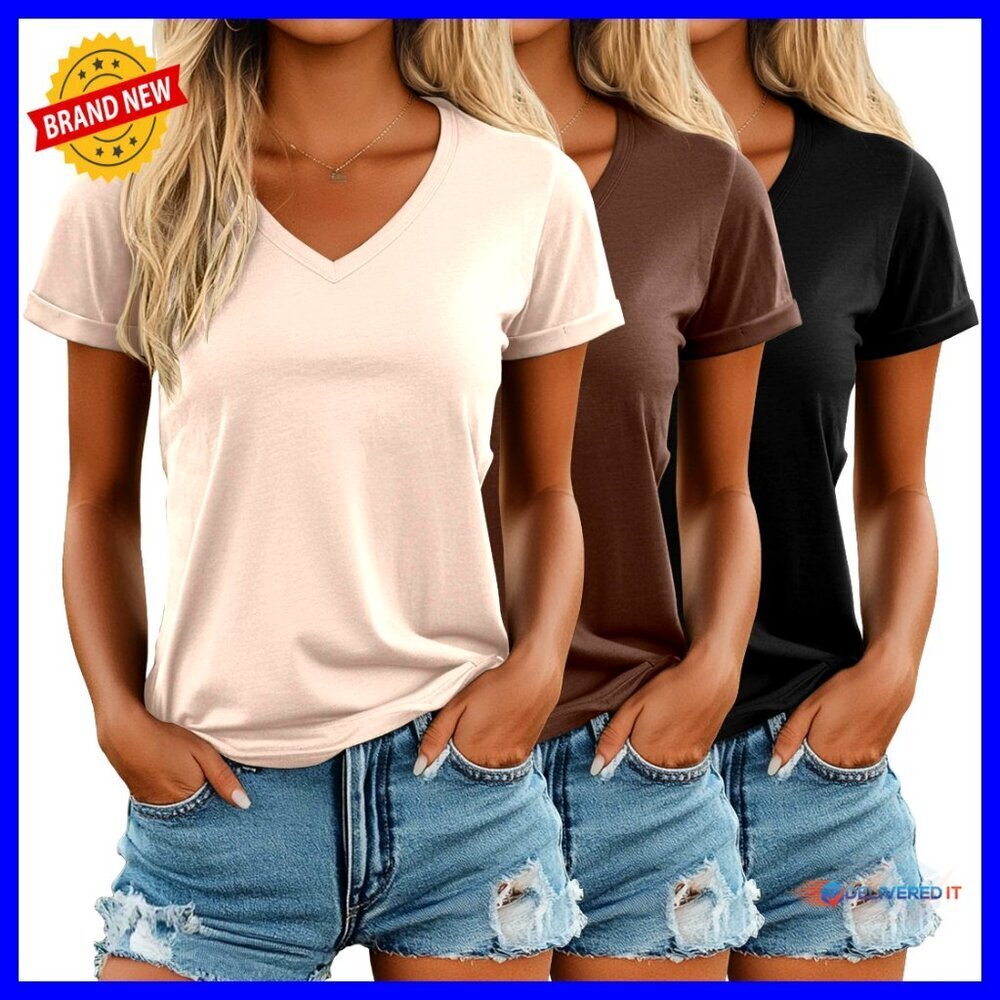 3 Pack V-Neck T-Shirts, Loose Fit Short Sleeve Tops, Rolled Sleeve Casual Tees